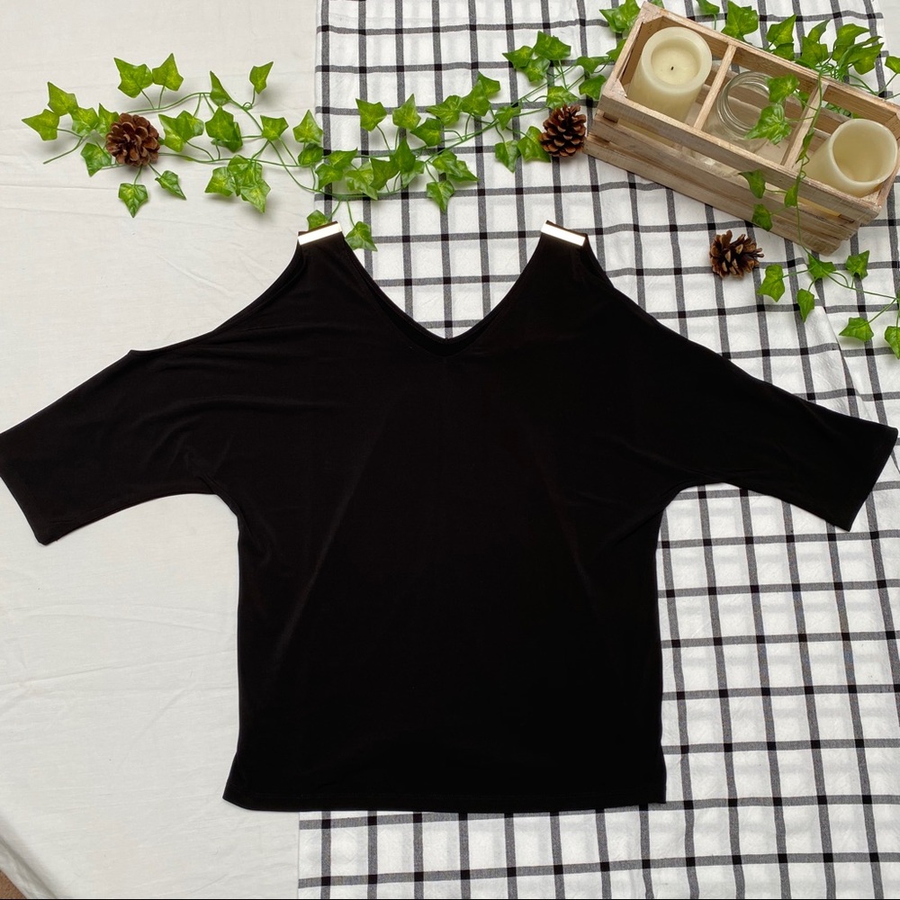 INC International Concepts Black Blouse with Gold Hardwear, Size L